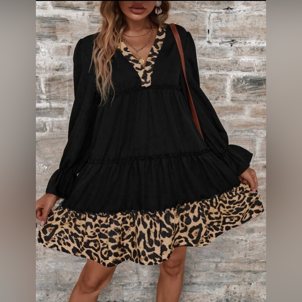 Leopard Print Ruffle Smock Dress